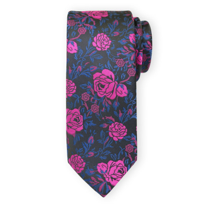 Czarny krawat w różowe kwiaty