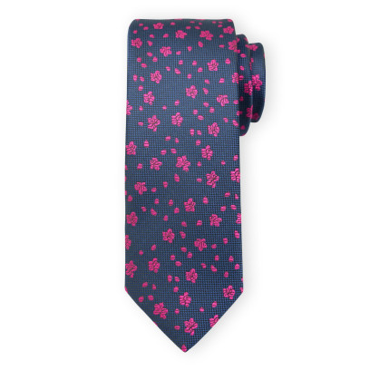 Granatowy krawat w różowe kwiaty